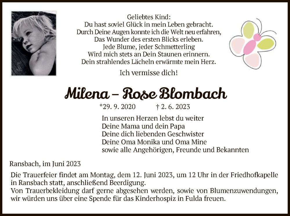  Traueranzeige für Milena–Rose Blombach vom 10.06.2023 aus HZ