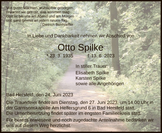 Traueranzeige von Otto Spilke von HZ