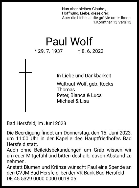 Traueranzeige von Paul Wolf von HZ