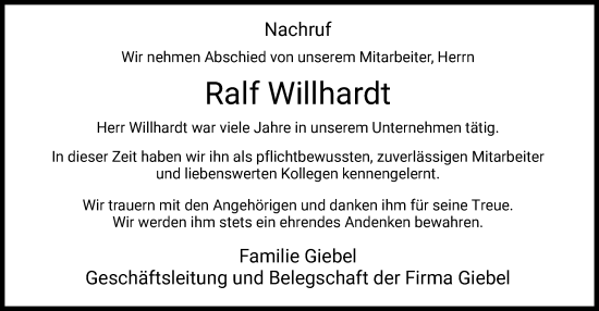 Traueranzeige von Ralf Willhardt von HZ