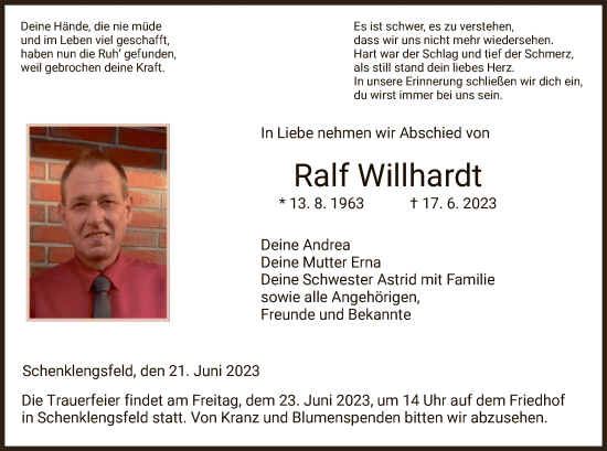 Traueranzeige von Ralf Willhardt von HZ