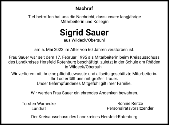 Traueranzeige von Sigrid Sauer von HZ