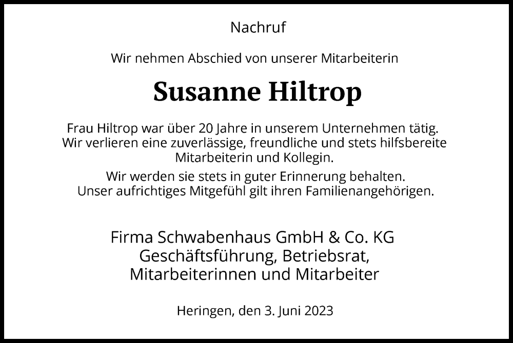  Traueranzeige für Susanne Hiltrop vom 03.06.2023 aus HZ