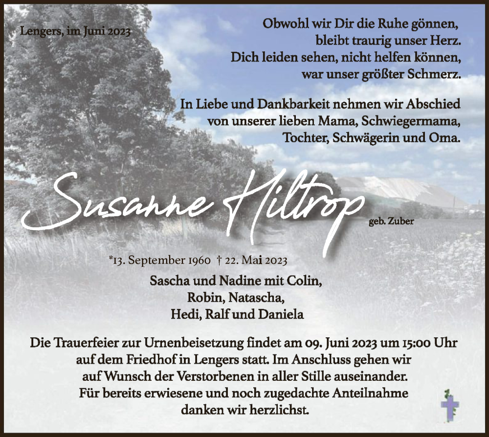  Traueranzeige für Susanne Hiltrop vom 03.06.2023 aus HZ