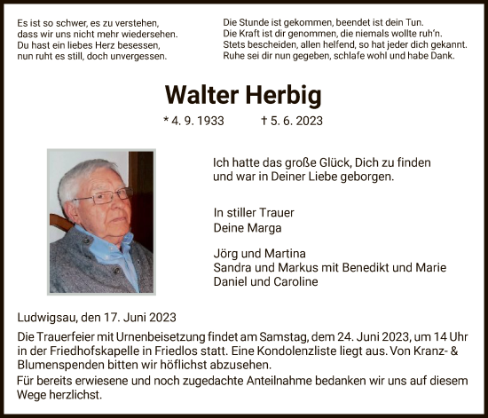 Traueranzeige von Walter Herbig von HZ