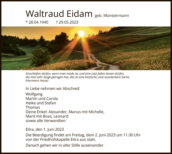 Traueranzeige von Waltraud Eidam von HZ