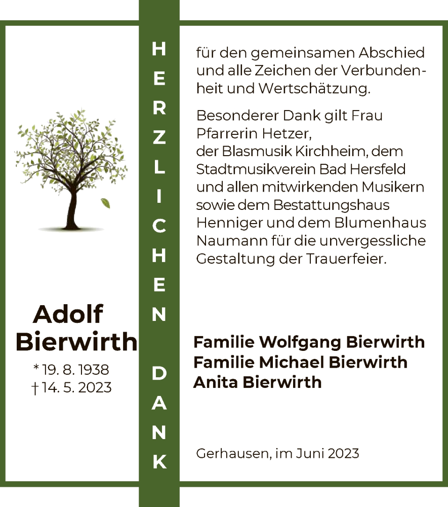  Traueranzeige für Adolf Bierwirth vom 01.07.2023 aus HZ
