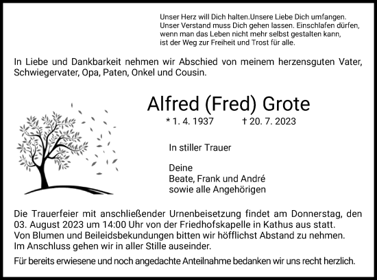 Traueranzeige von Alfred Grote von HZ