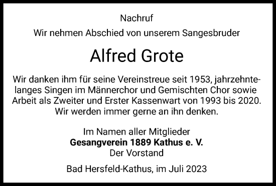 Traueranzeige von Alfred Grote von HZ