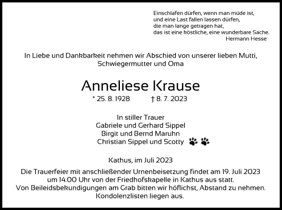 Traueranzeige von Anneliese Krause von HZ