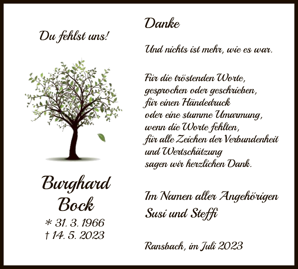  Traueranzeige für Burghard Bock vom 22.07.2023 aus HZ