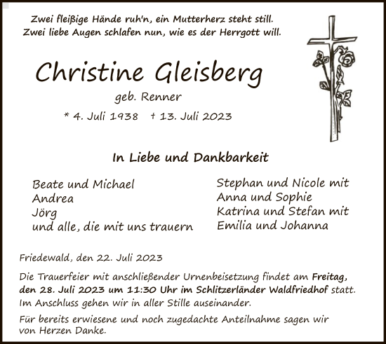 Traueranzeige von Christine Gleisberg von HZ