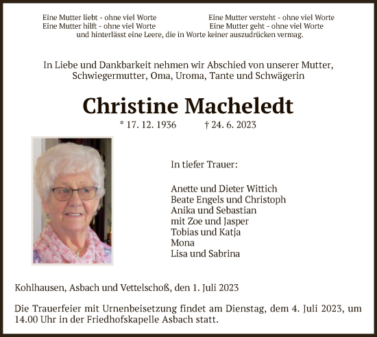 Traueranzeige von Christine Macheledt von HZ