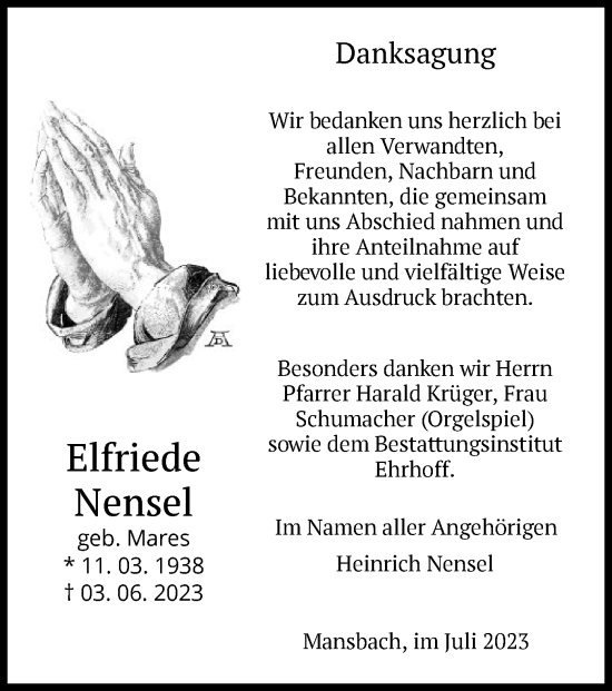 Traueranzeige von Elfriede Nensel von HZ