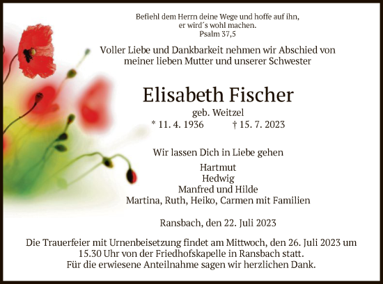 Traueranzeige von Elisabeth Fischer von HZ