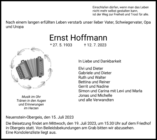 Traueranzeige von Ernst Hoffmann von HZ