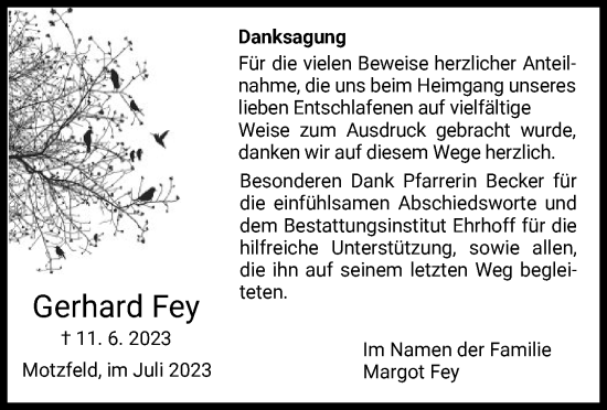 Traueranzeige von Gerhard Fey von HZ