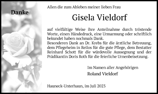 Traueranzeige von Gisela Vieldorf von HZ