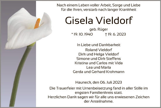 Traueranzeige von Gisela Vieldorf von HZ