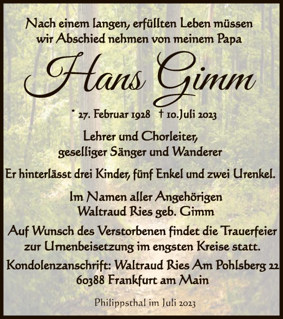 Traueranzeige von Hans Gimm von HZ