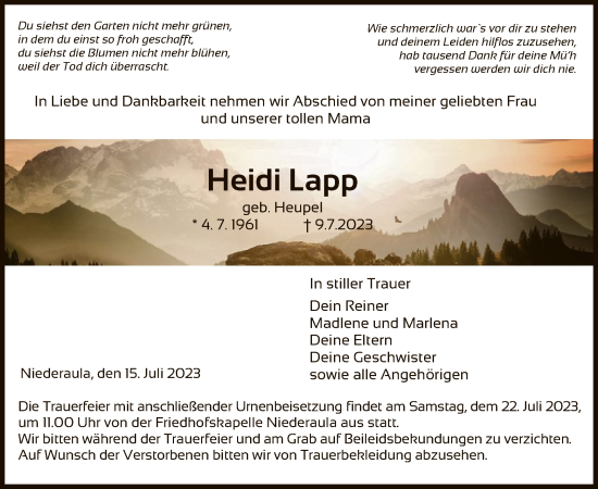 Traueranzeige von Heidi Lapp von HZ