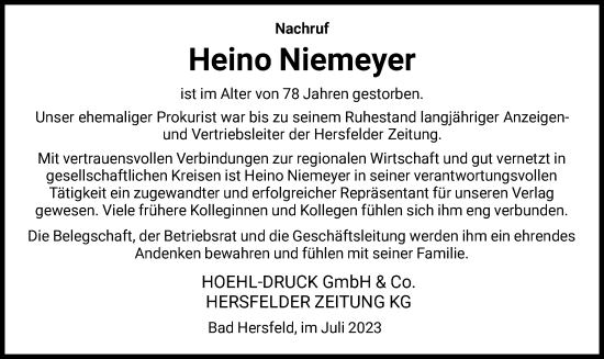 Traueranzeige von Heino Niemeyer von HZ