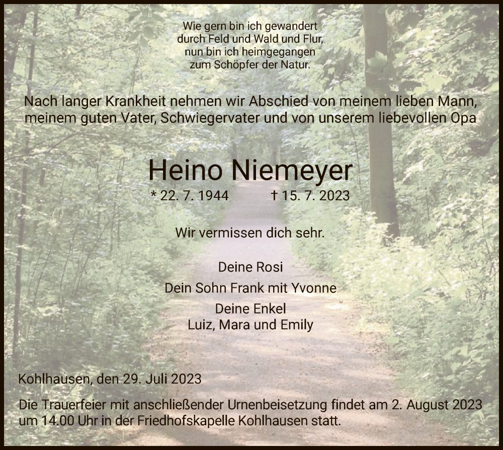  Traueranzeige für Heino Niemeyer vom 29.07.2023 aus HZ