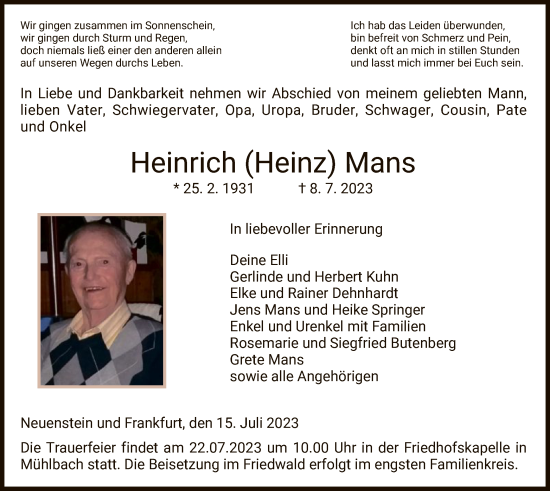 Traueranzeige von Heinrich Mans von HZ