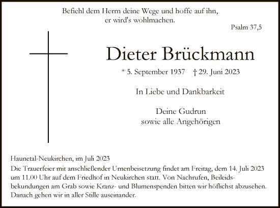 Traueranzeige von Heinz-Dietrich Brückmann von HZ