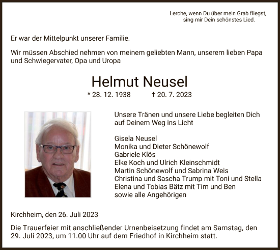 Traueranzeige von Helmut Neusel von HZ