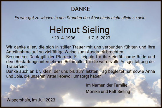 Traueranzeige von Helmut Sieling von HZ