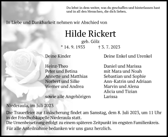 Traueranzeige von Hilde Rickert von HZ