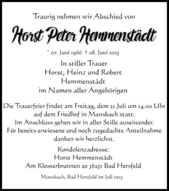 Traueranzeige von Horst Peter Hemmenstädt von HZ