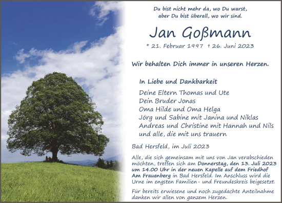 Traueranzeige von Jan Goßmann von HZ