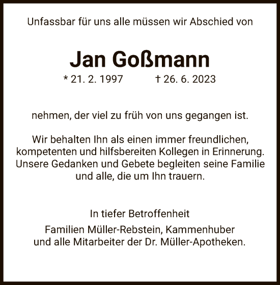 Traueranzeige von Jan Goßmann von HZ