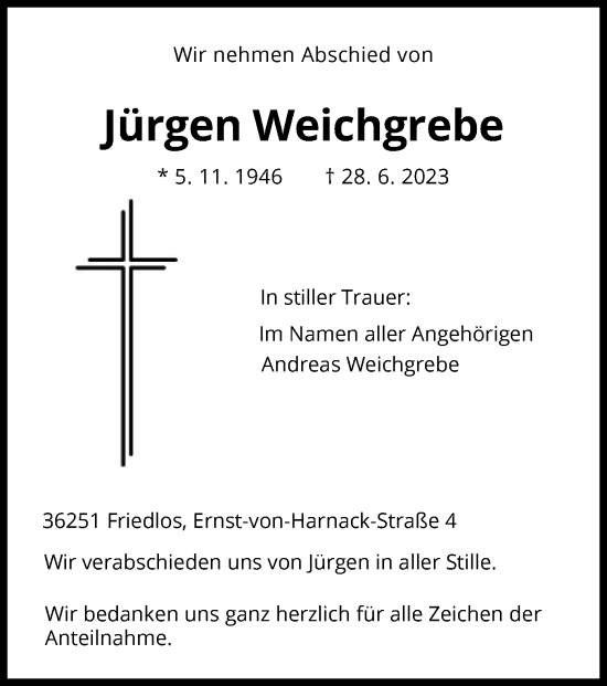 Traueranzeige von Jürgen Weichgrebe von HZ