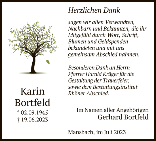 Traueranzeige von Karin Bortfeld von HZ