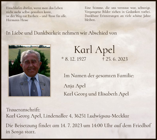 Traueranzeige von Karl Apel von HZ