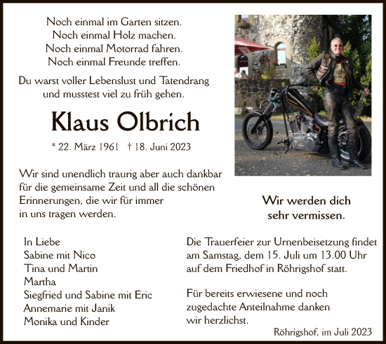 Traueranzeige von Klaus Olbrich von HZ