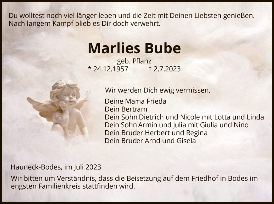 Traueranzeige von Marlies Bube von HZ