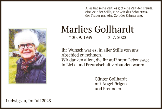 Traueranzeige von Marlies Gollhardt von HZ