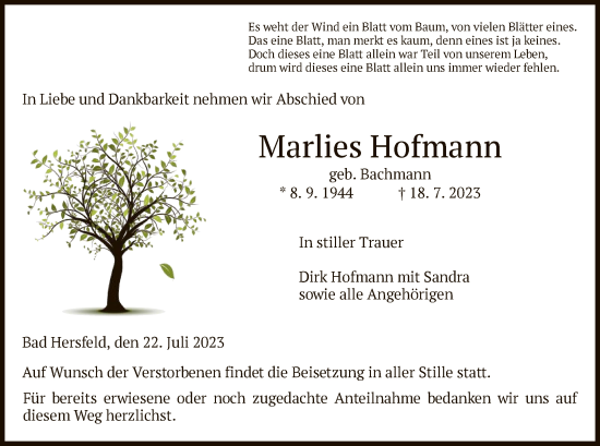 Traueranzeige von Marlies Hofmann von HZ