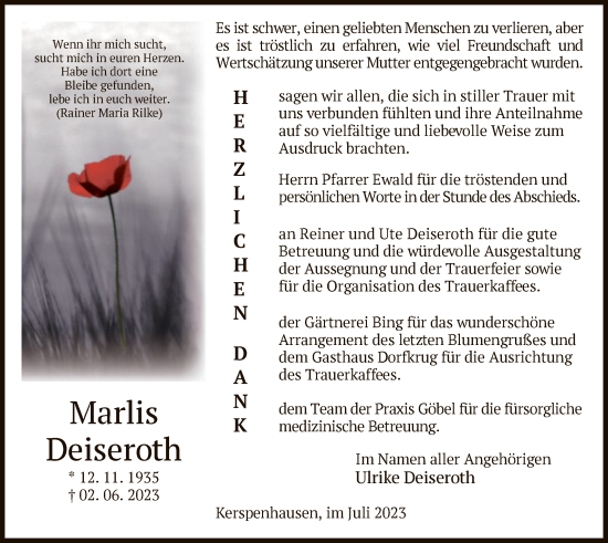 Traueranzeige von Marlis Deiseroth von HZ