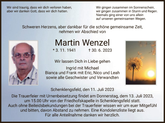 Traueranzeige von Martin Wenzel von HZ