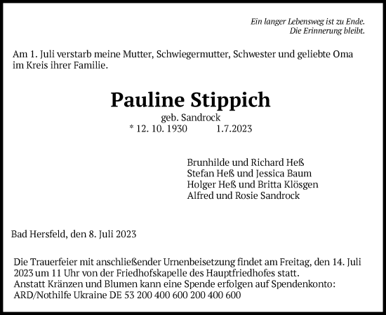 Traueranzeige von Pauline Stippich von HZ