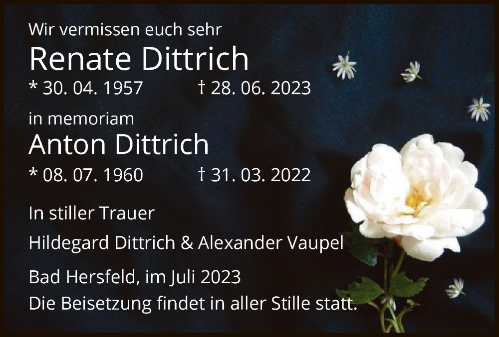  Traueranzeige für Renate und Anton Dittrich vom 08.07.2023 aus HZ