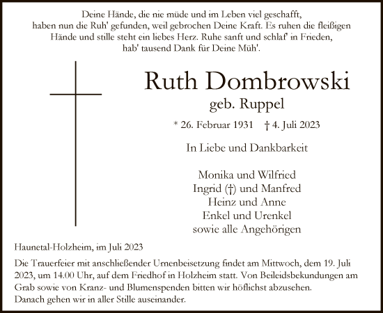 Traueranzeige von Ruth Dombrowski von HZ