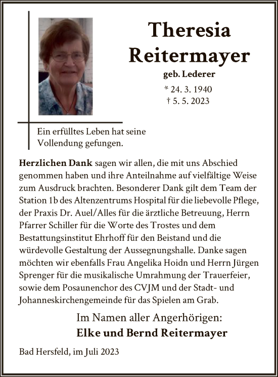 Traueranzeige von Theresia Reitermayer von HZ