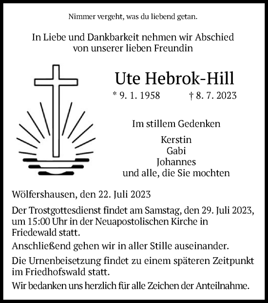 Traueranzeige von Ute Hebrok-Hill von HZ