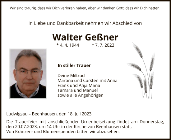 Traueranzeige von Walter Geßner von HZ